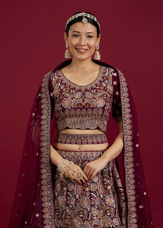 Mohey Women Wine Georgette Extravagance Lehenga