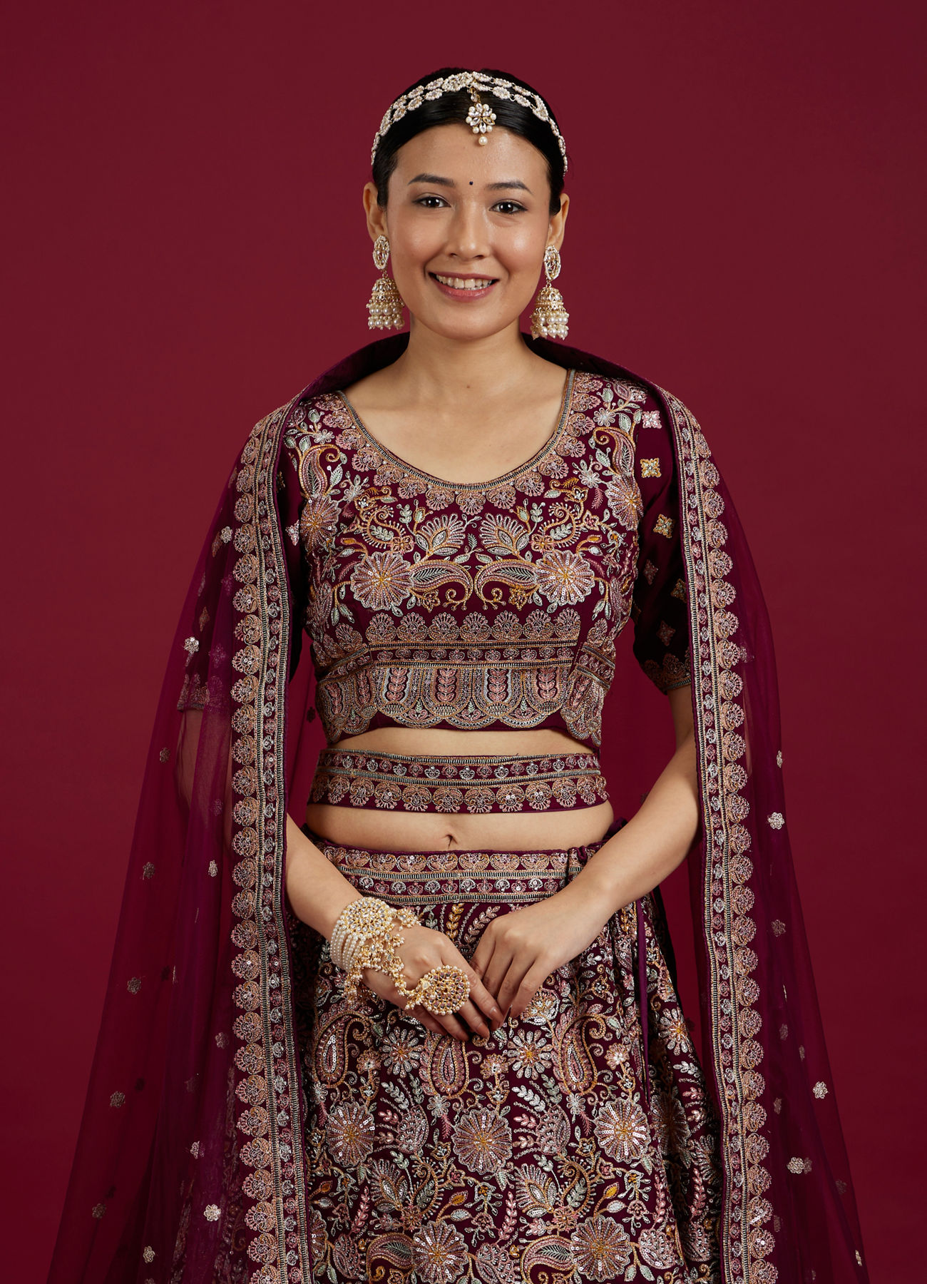 Mohey Women Wine Georgette Extravagance Lehenga
