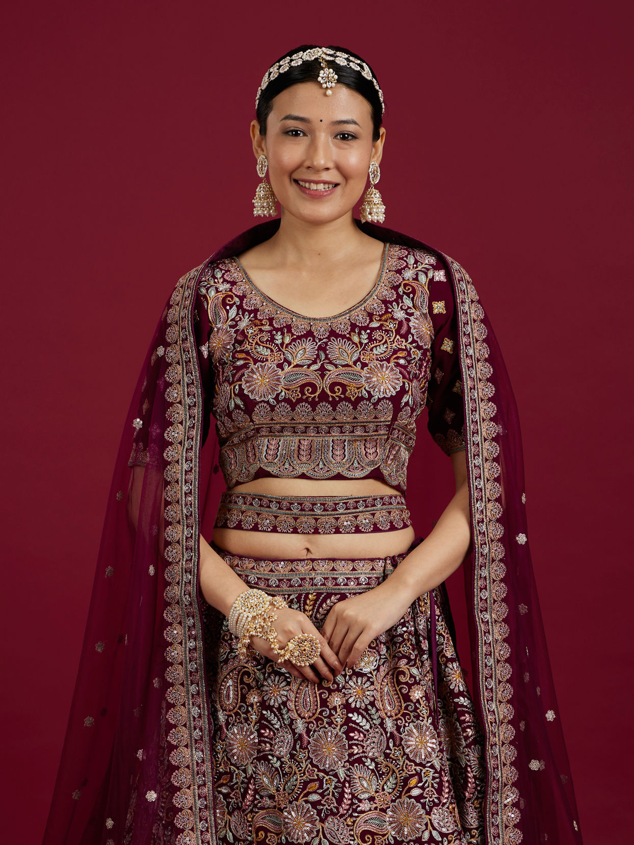 Mohey Women Wine Georgette Extravagance Lehenga