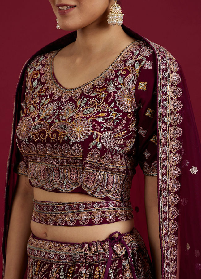 Mohey Women Wine Georgette Extravagance Lehenga