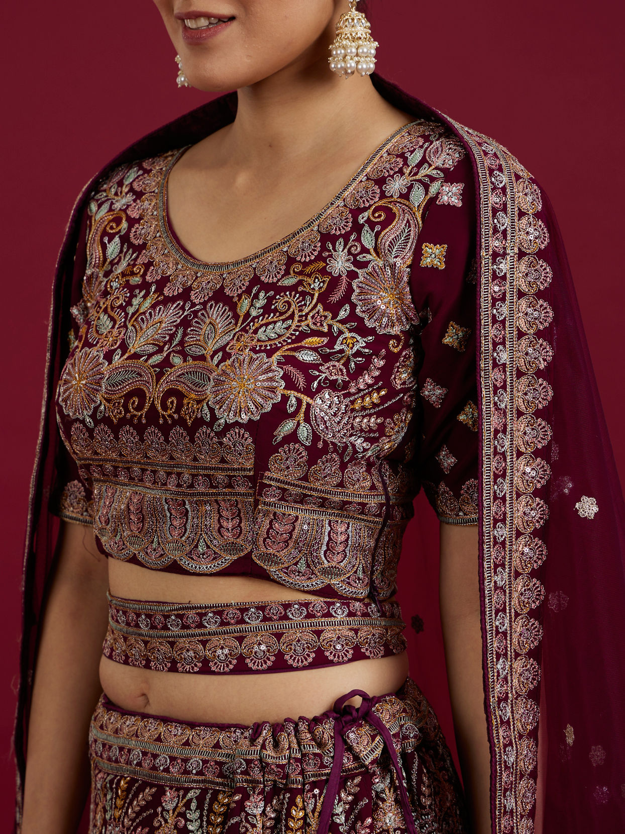 Mohey Women Wine Georgette Extravagance Lehenga