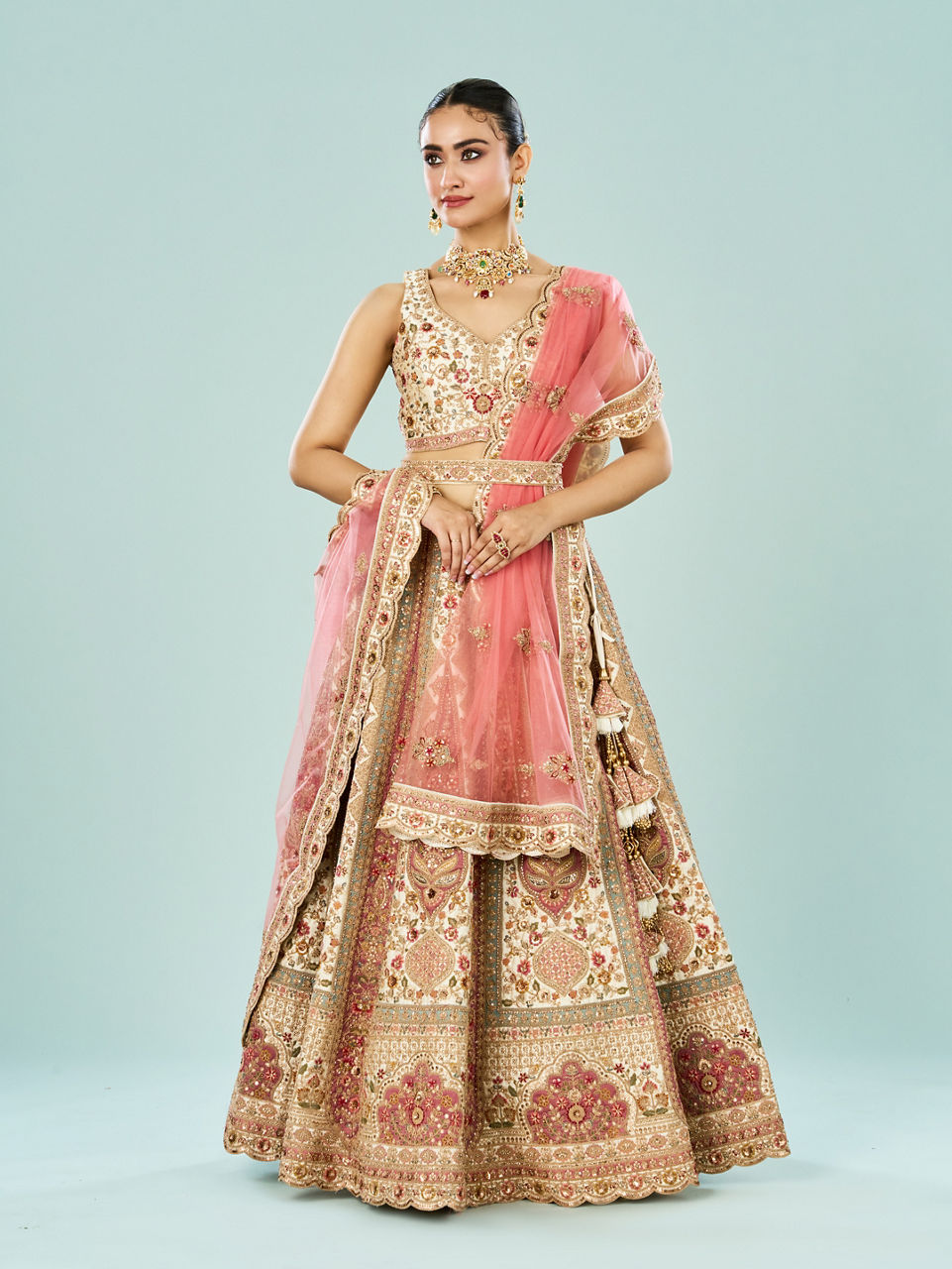 Mohey Women Cream Dream Enrichment Bridal Lehenga