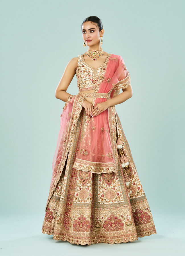 Mohey Women Cream Dream Enrichment Bridal Lehenga