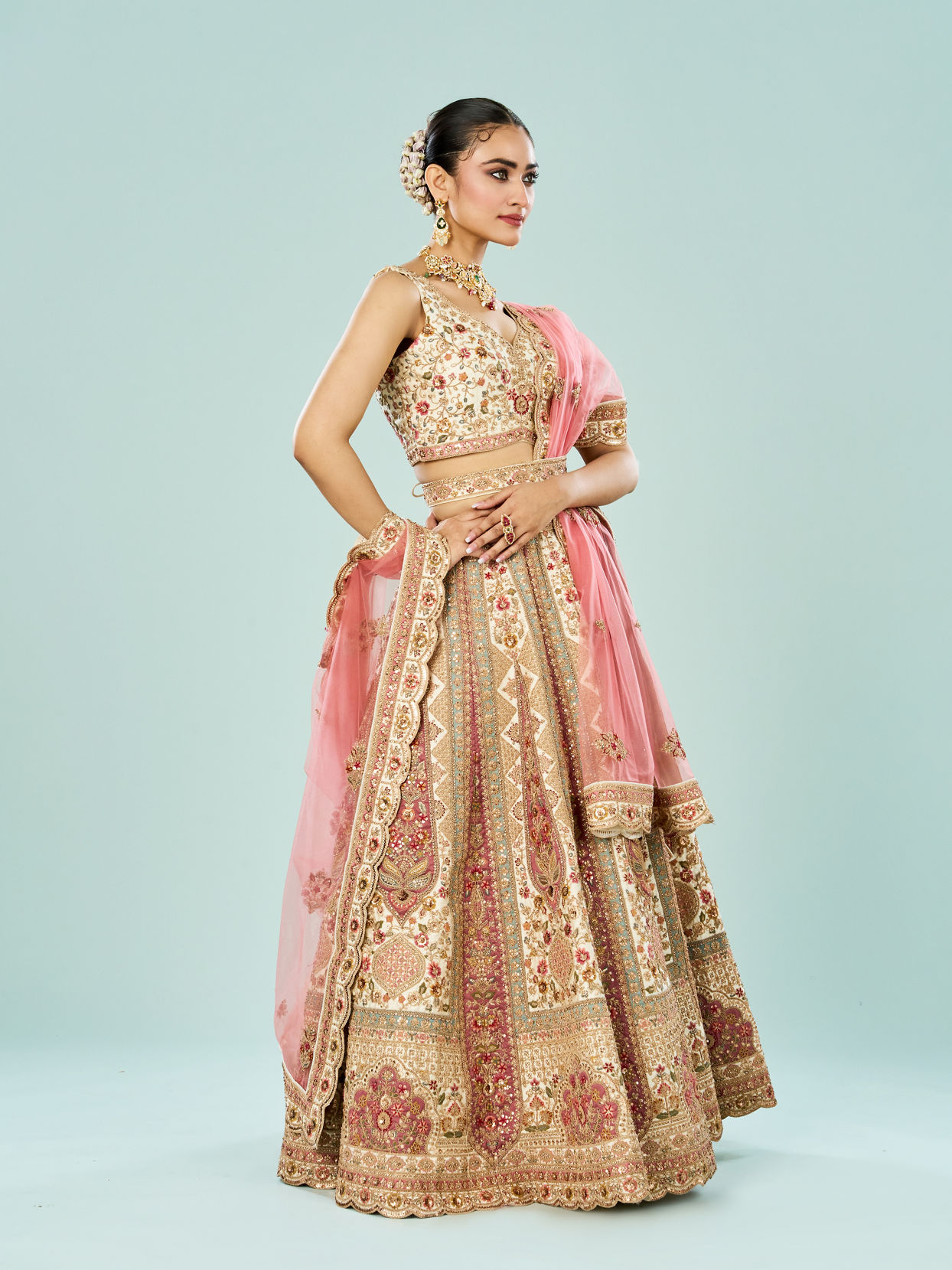 Mohey Women Cream Dream Enrichment Bridal Lehenga