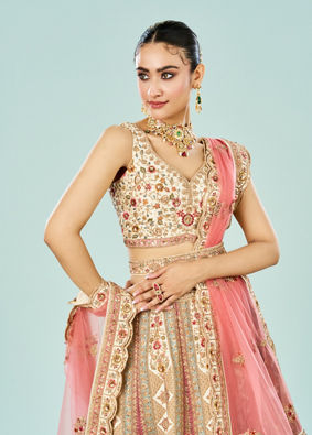 Mohey Women Cream Dream Enrichment Bridal Lehenga