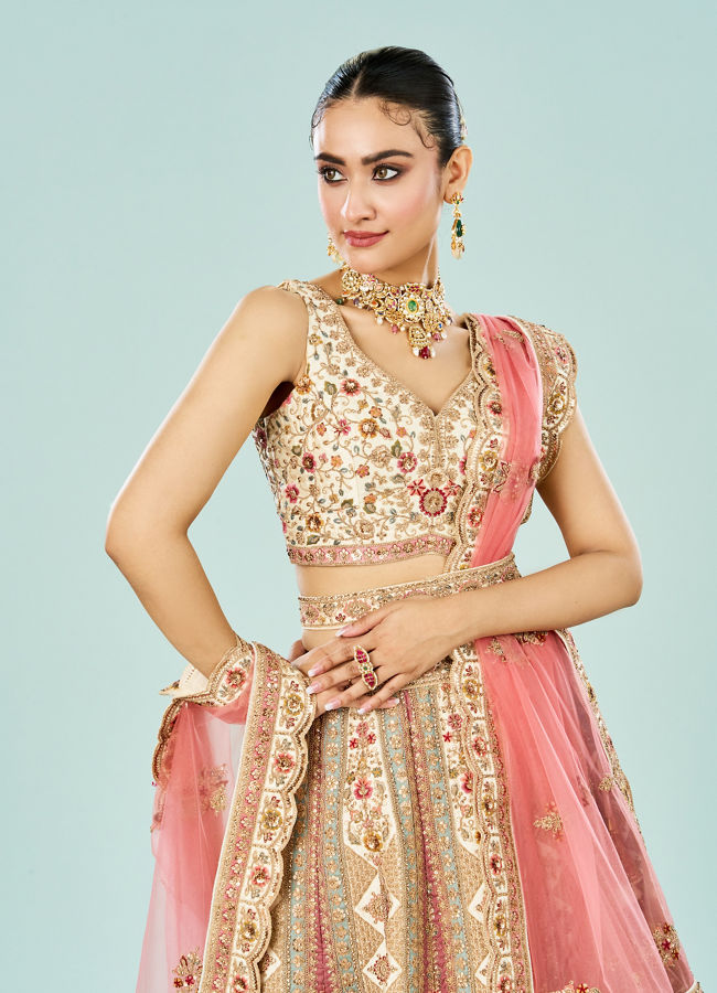 Mohey Women Cream Dream Enrichment Bridal Lehenga