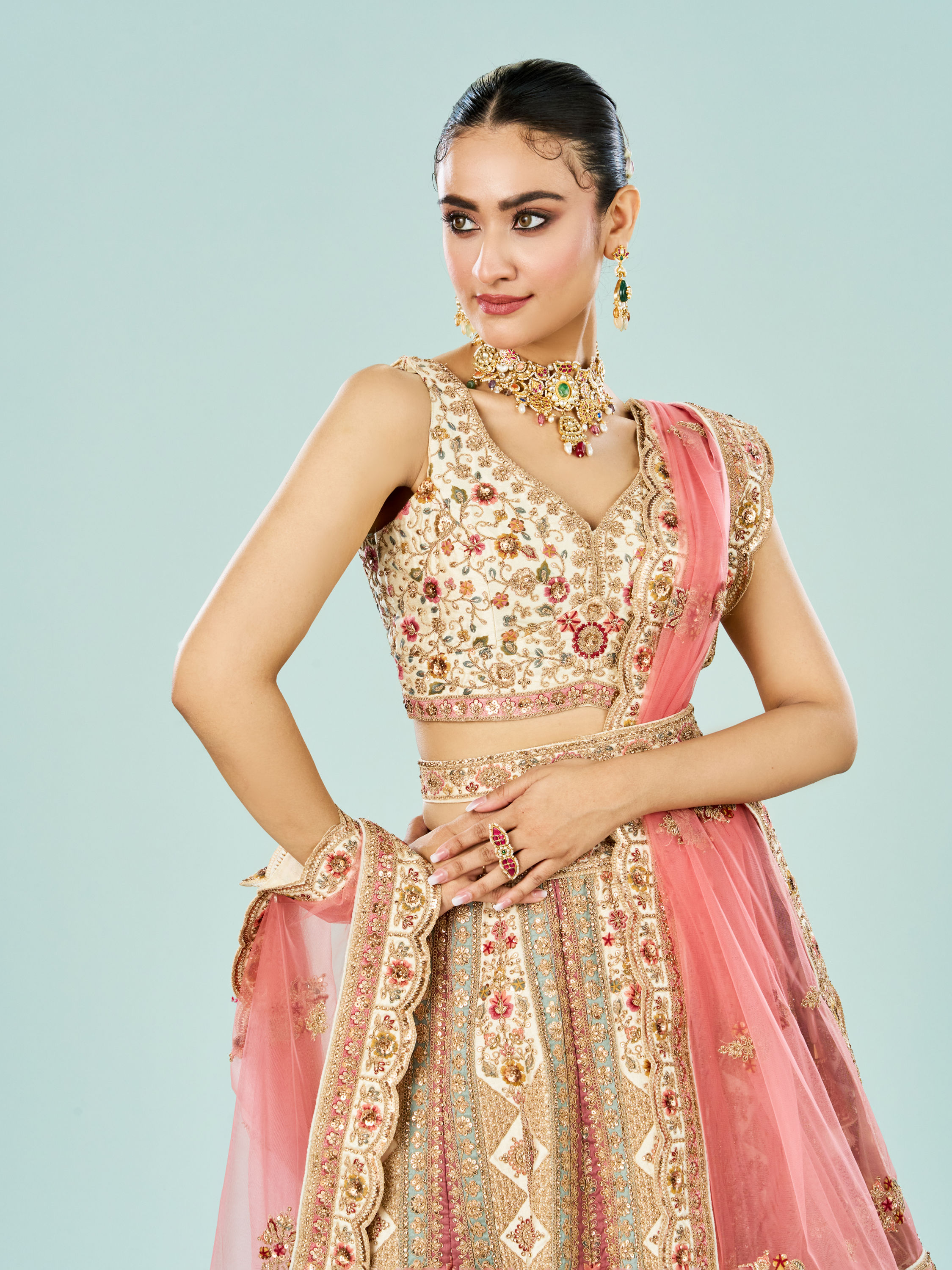 Mohey Women Cream Dream Enrichment Bridal Lehenga