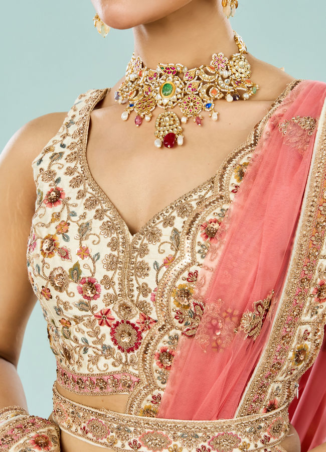 Mohey Women Cream Dream Enrichment Bridal Lehenga