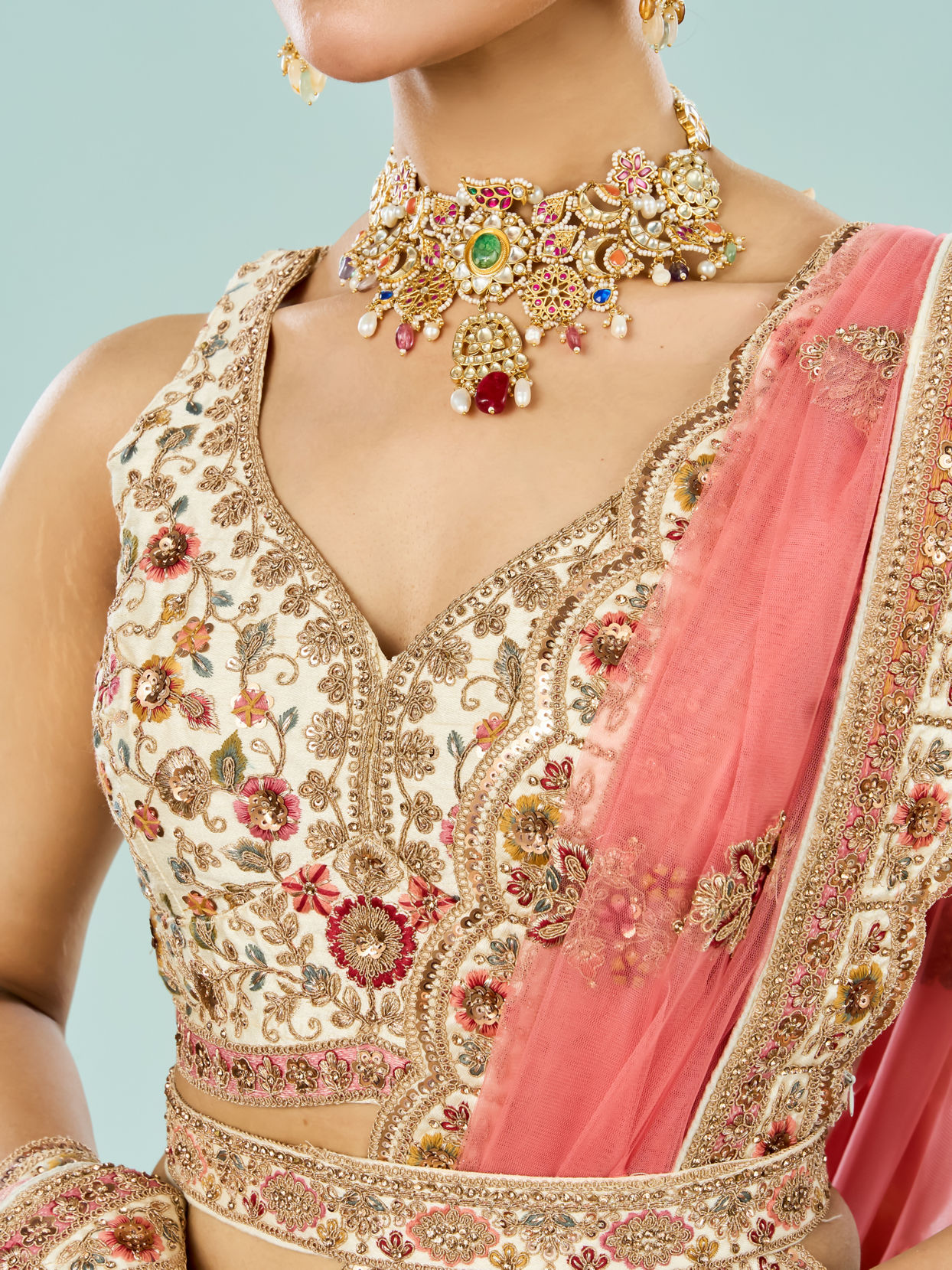 Mohey Women Cream Dream Enrichment Bridal Lehenga
