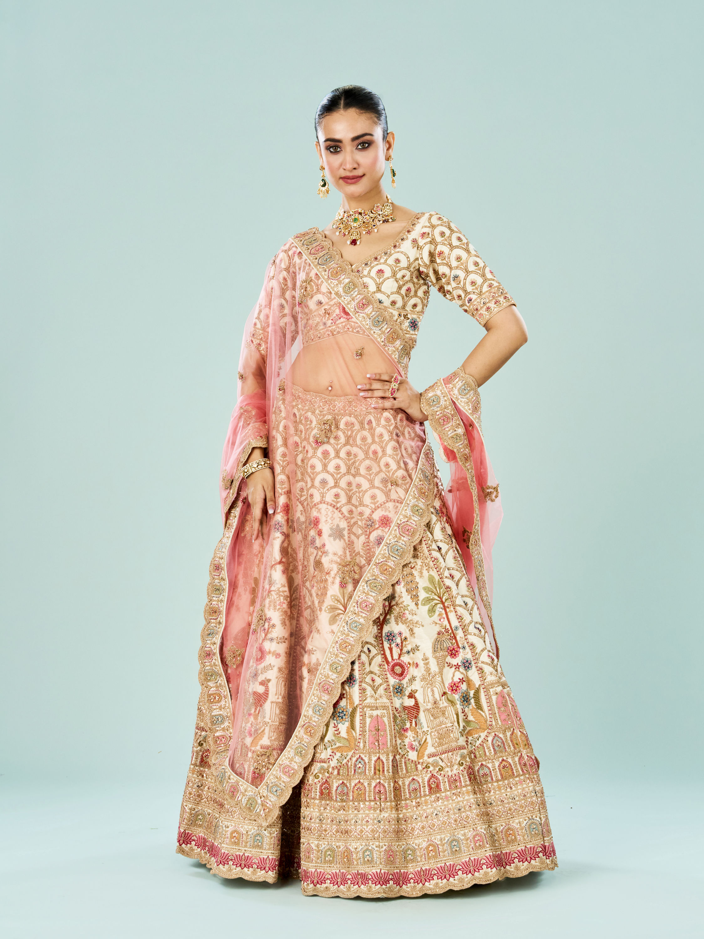 Mohey Women Enchanting Cream Bridal Lehenga