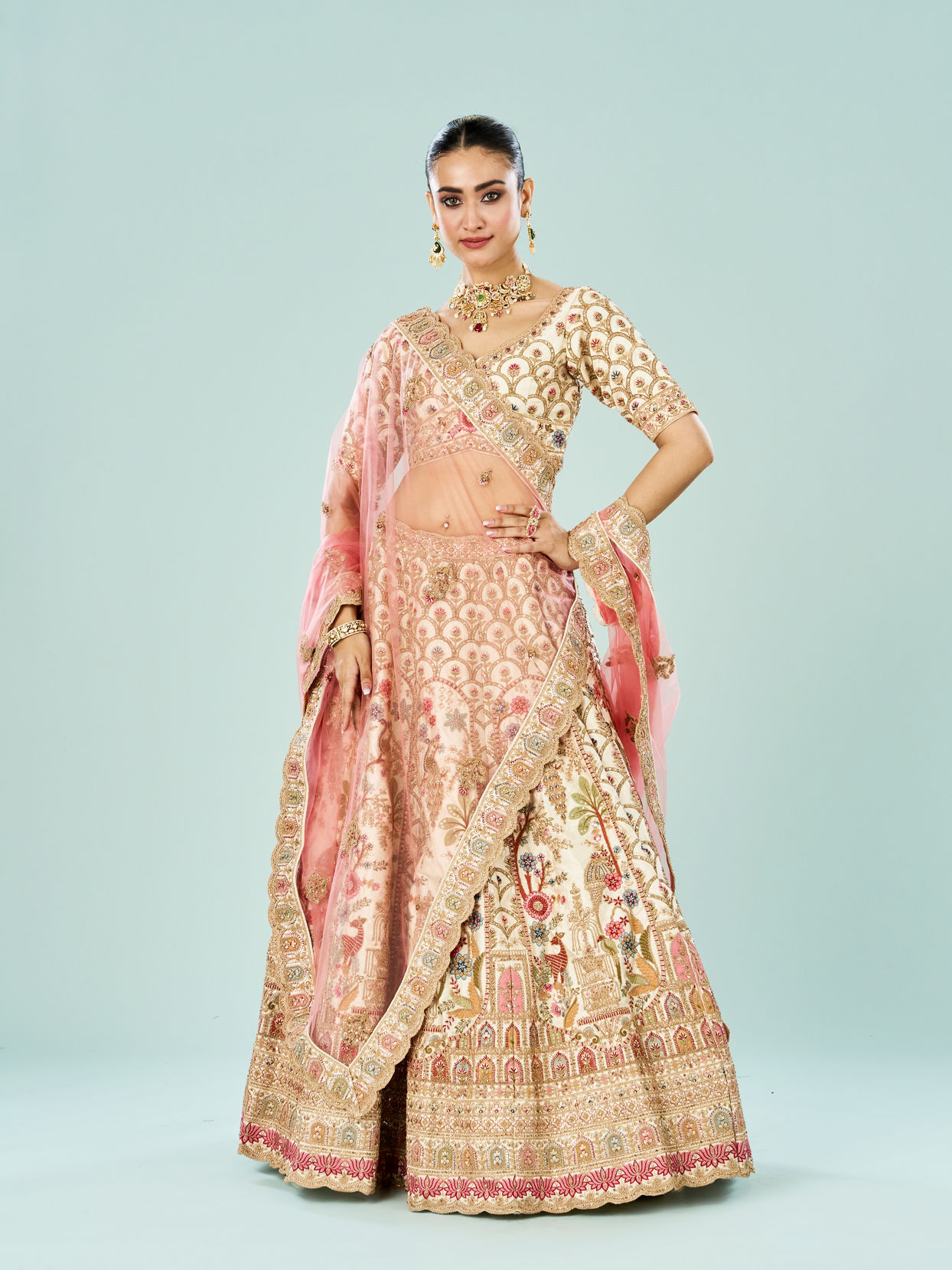 Mohey Women Enchanting Cream Bridal Lehenga
