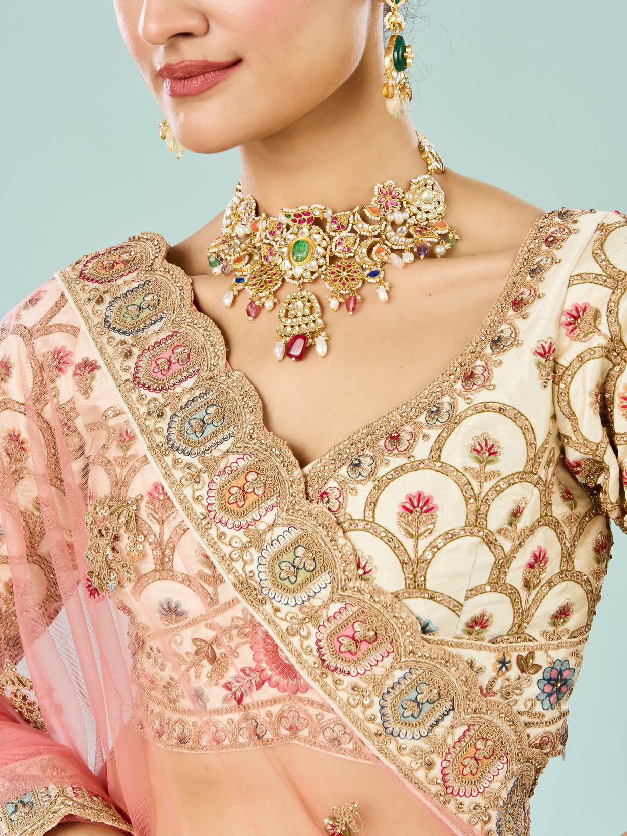 Mohey Women Enchanting Cream Bridal Lehenga