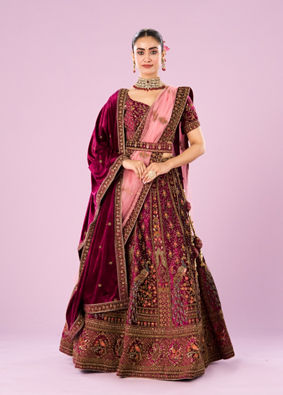 Mohey Women Wine Velvet Bridal Lehenga Set