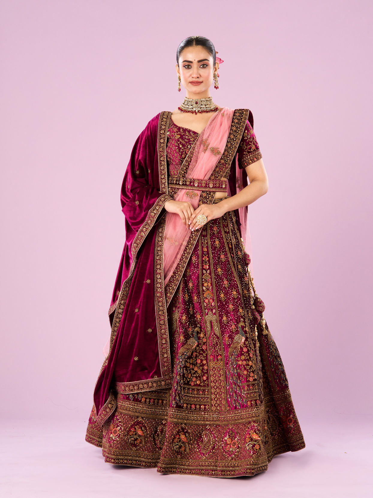 Mohey Women Wine Velvet Bridal Lehenga Set