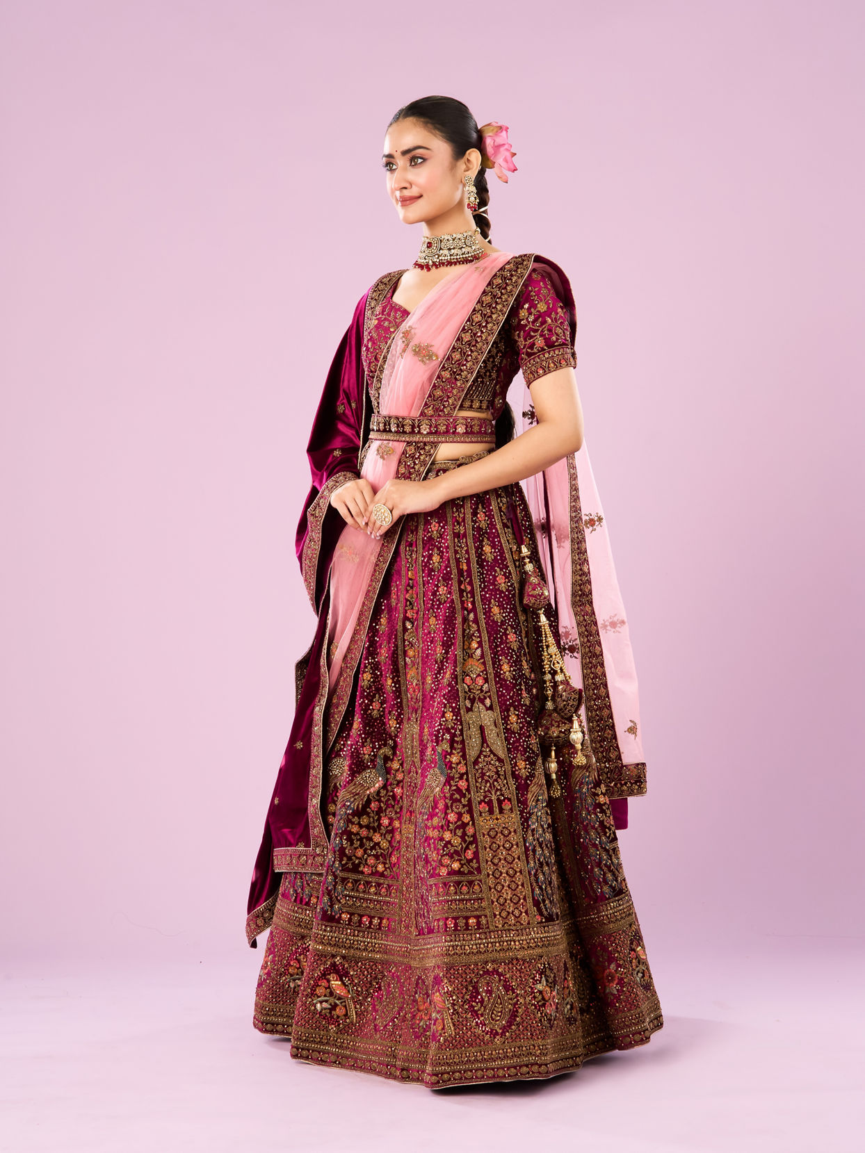 Mohey Women Wine Velvet Bridal Lehenga Set