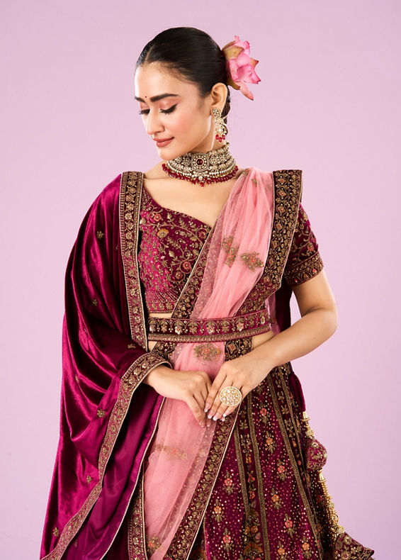 Mohey Women Wine Velvet Bridal Lehenga Set