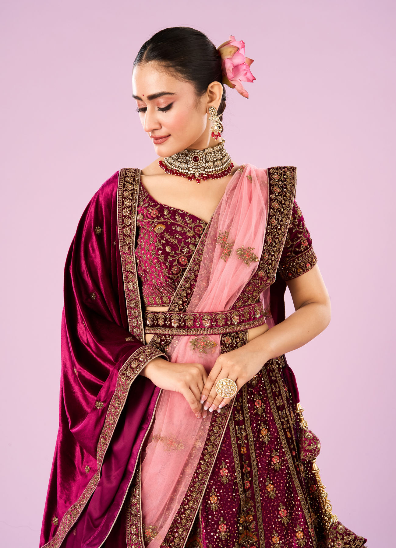 Mohey Women Wine Velvet Bridal Lehenga Set