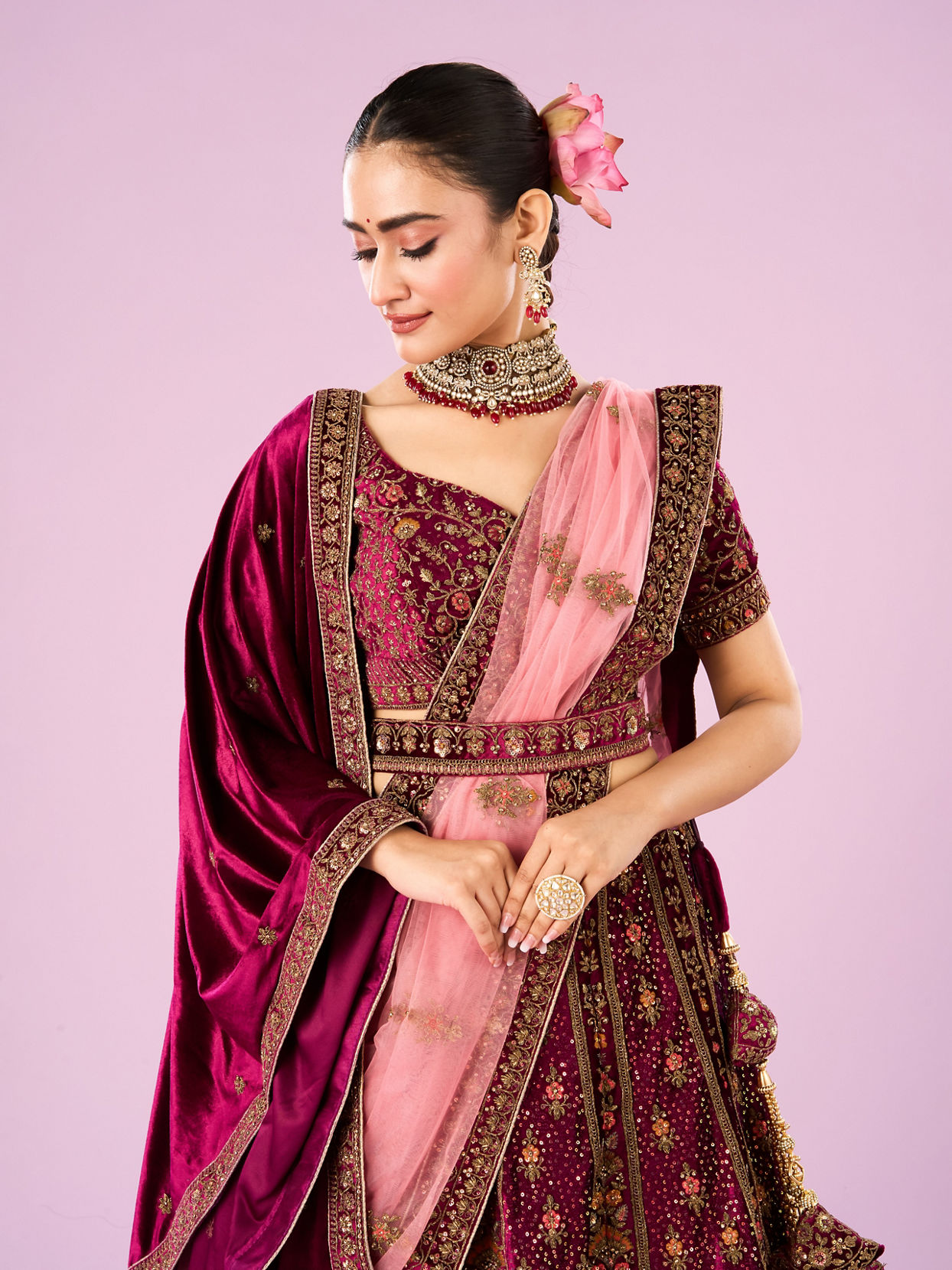 Mohey Women Wine Velvet Bridal Lehenga Set