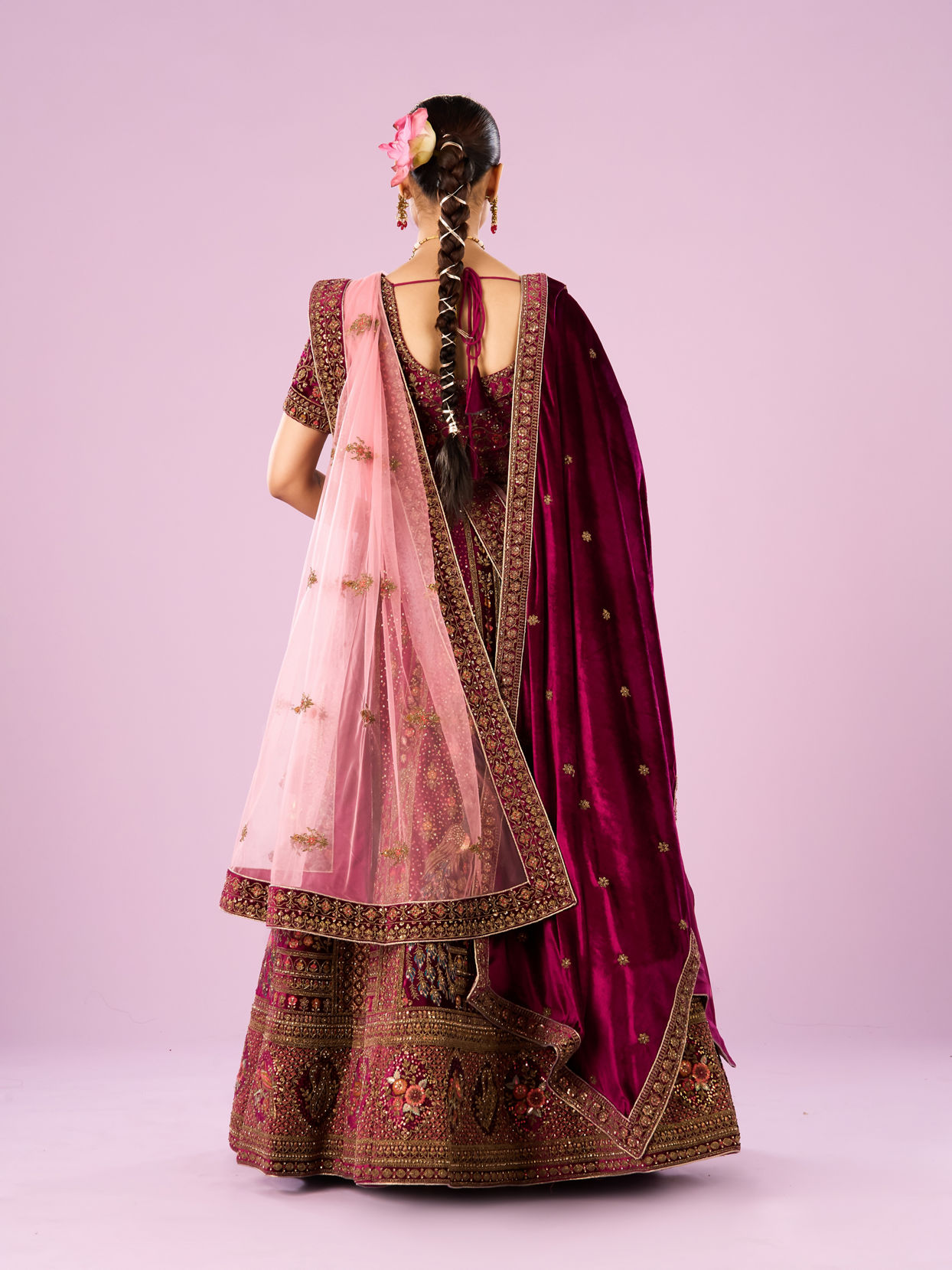 Mohey Women Wine Velvet Bridal Lehenga Set