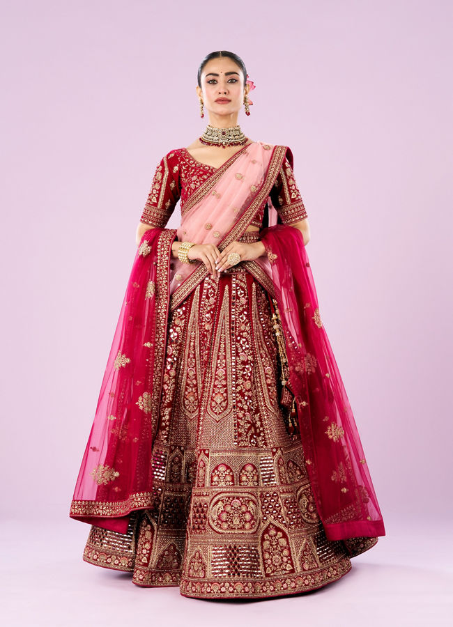 Mohey Women Rani Pink Velvet Bridal Lehenga