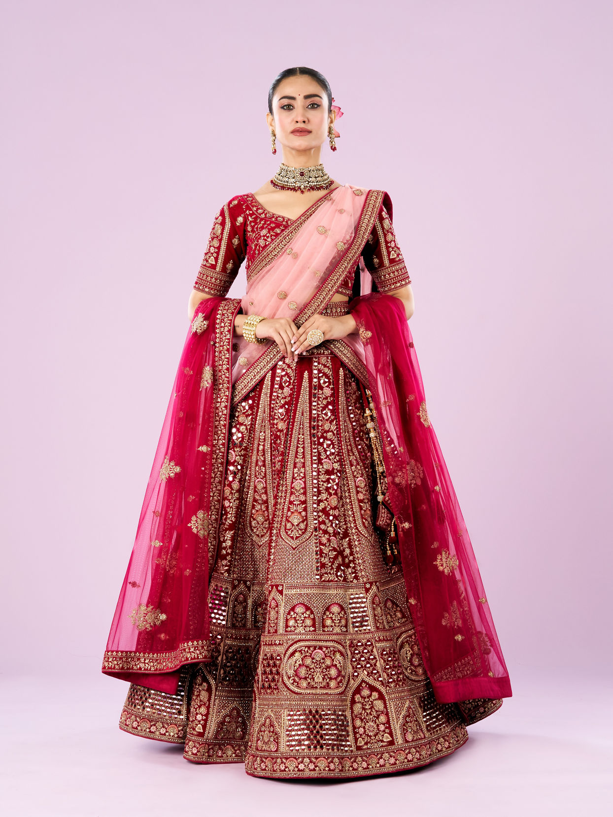 Mohey Women Rani Pink Velvet Bridal Lehenga