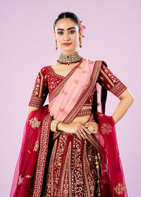 Mohey Women Rani Pink Velvet Bridal Lehenga