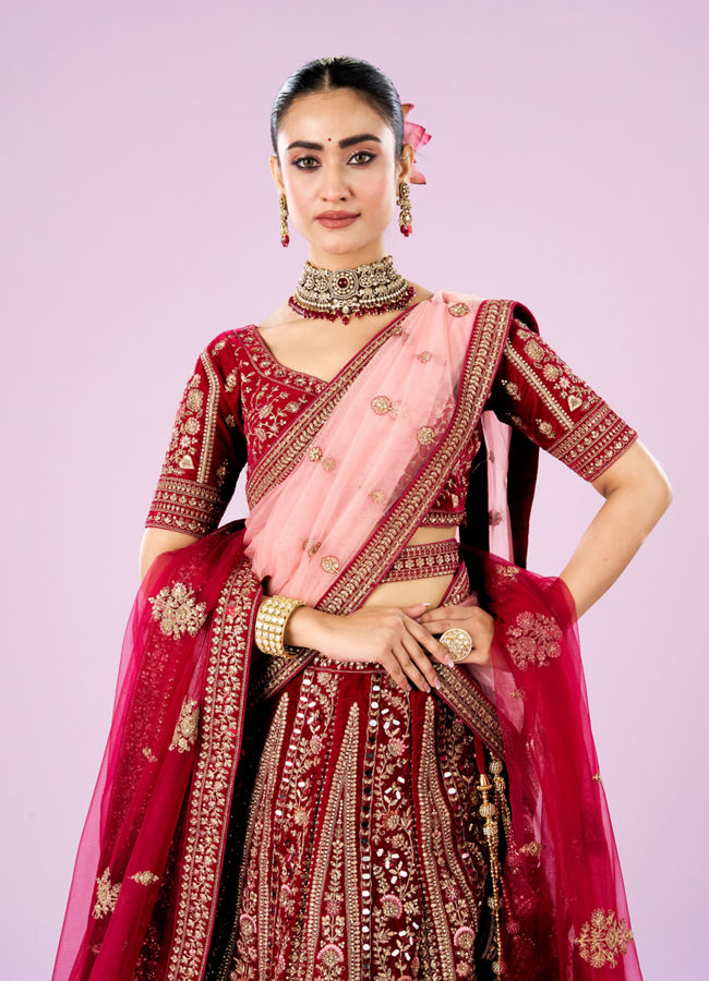 Mohey Women Rani Pink Velvet Bridal Lehenga