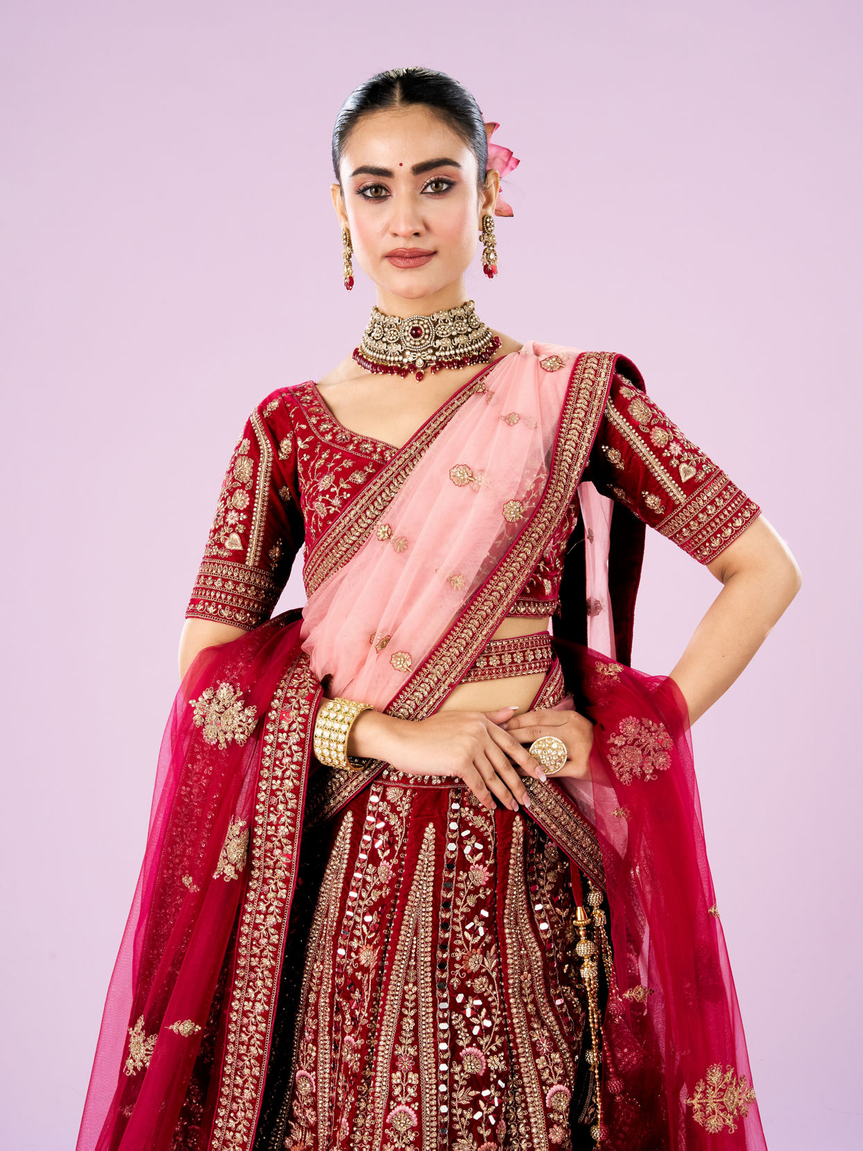 Mohey Women Rani Pink Velvet Bridal Lehenga