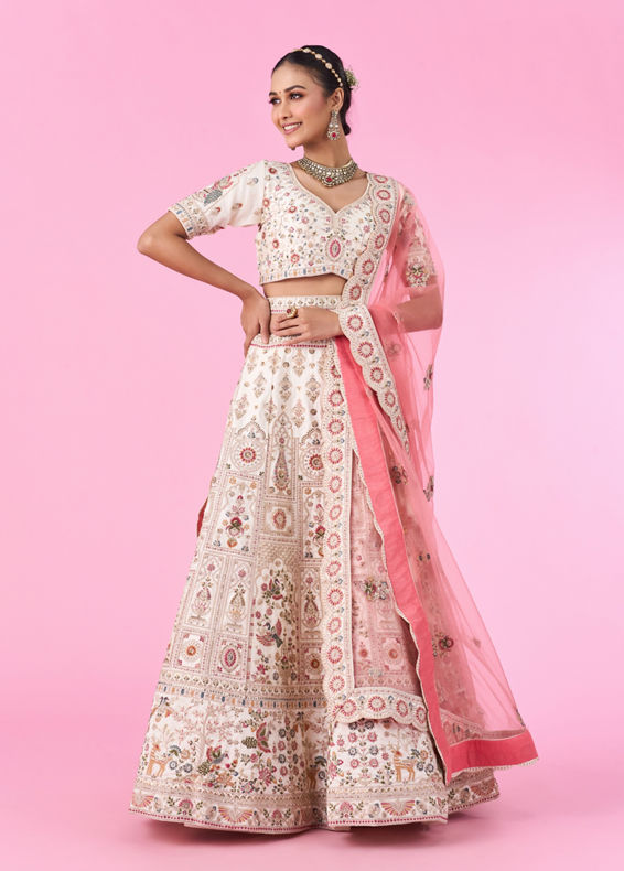 Mohey Women Elegant Cream Dream Semi Bridal Lehenga