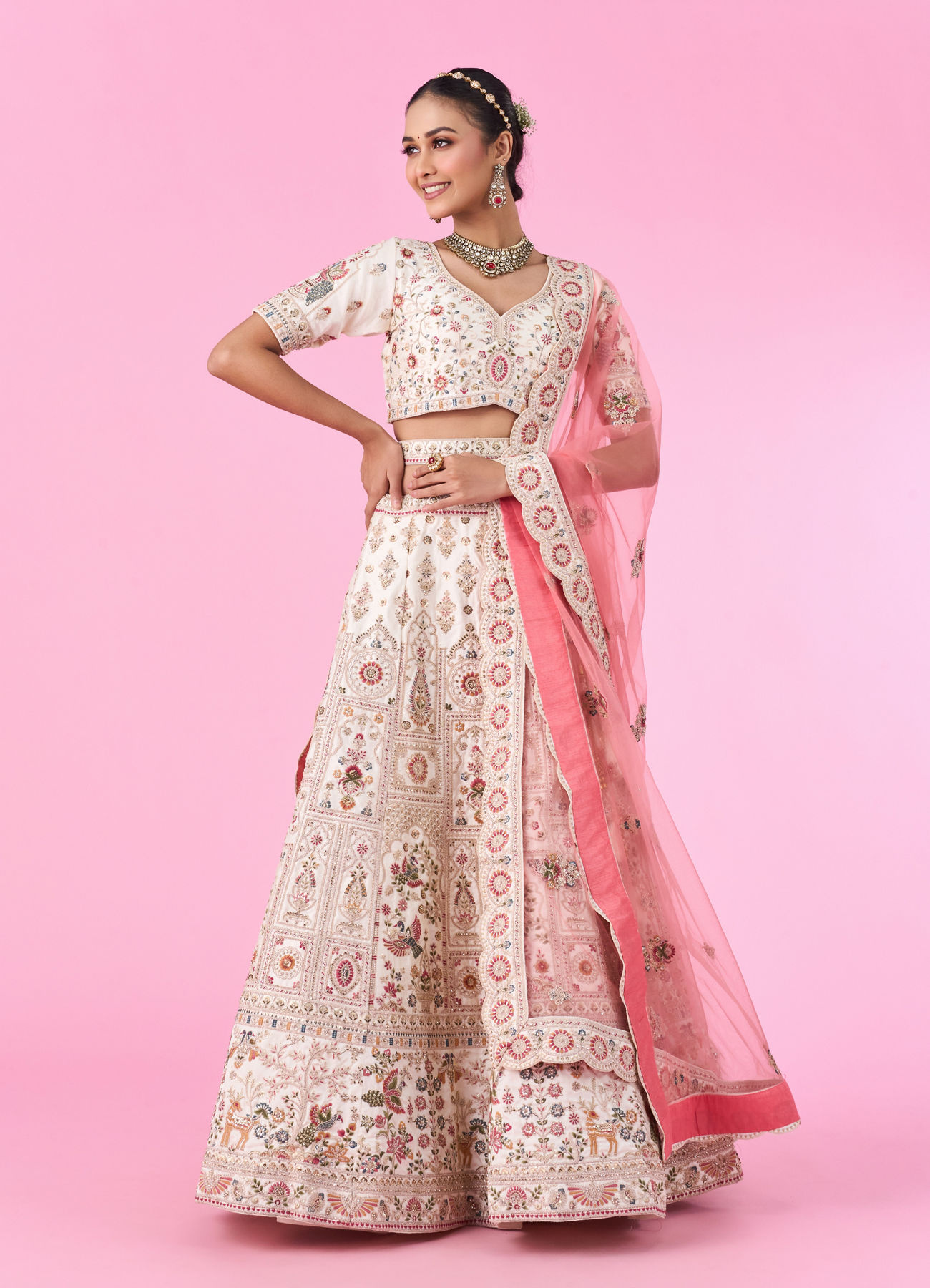 Mohey Women Elegant Cream Dream Semi Bridal Lehenga