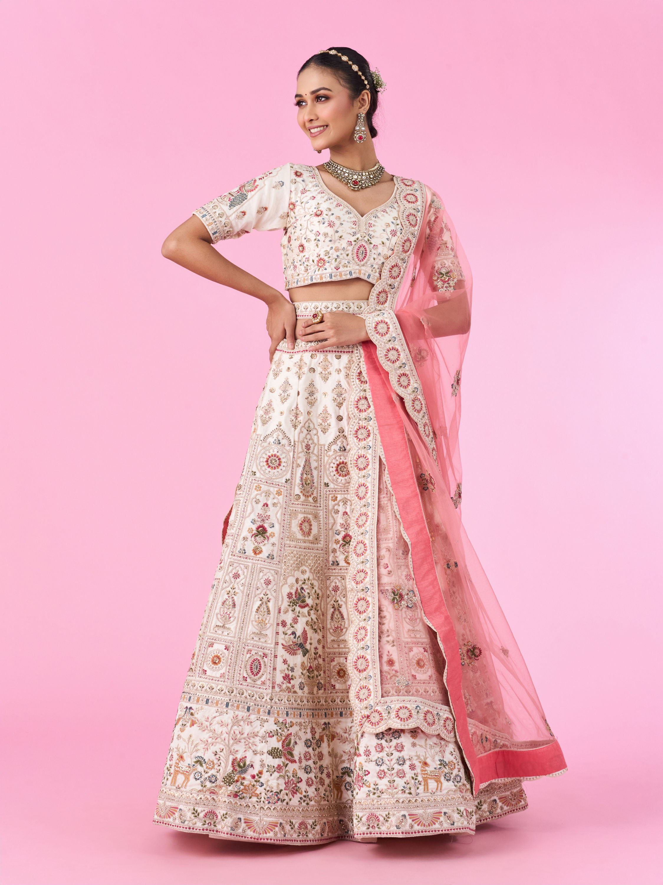 Mohey Women Elegant Cream Dream Semi Bridal Lehenga