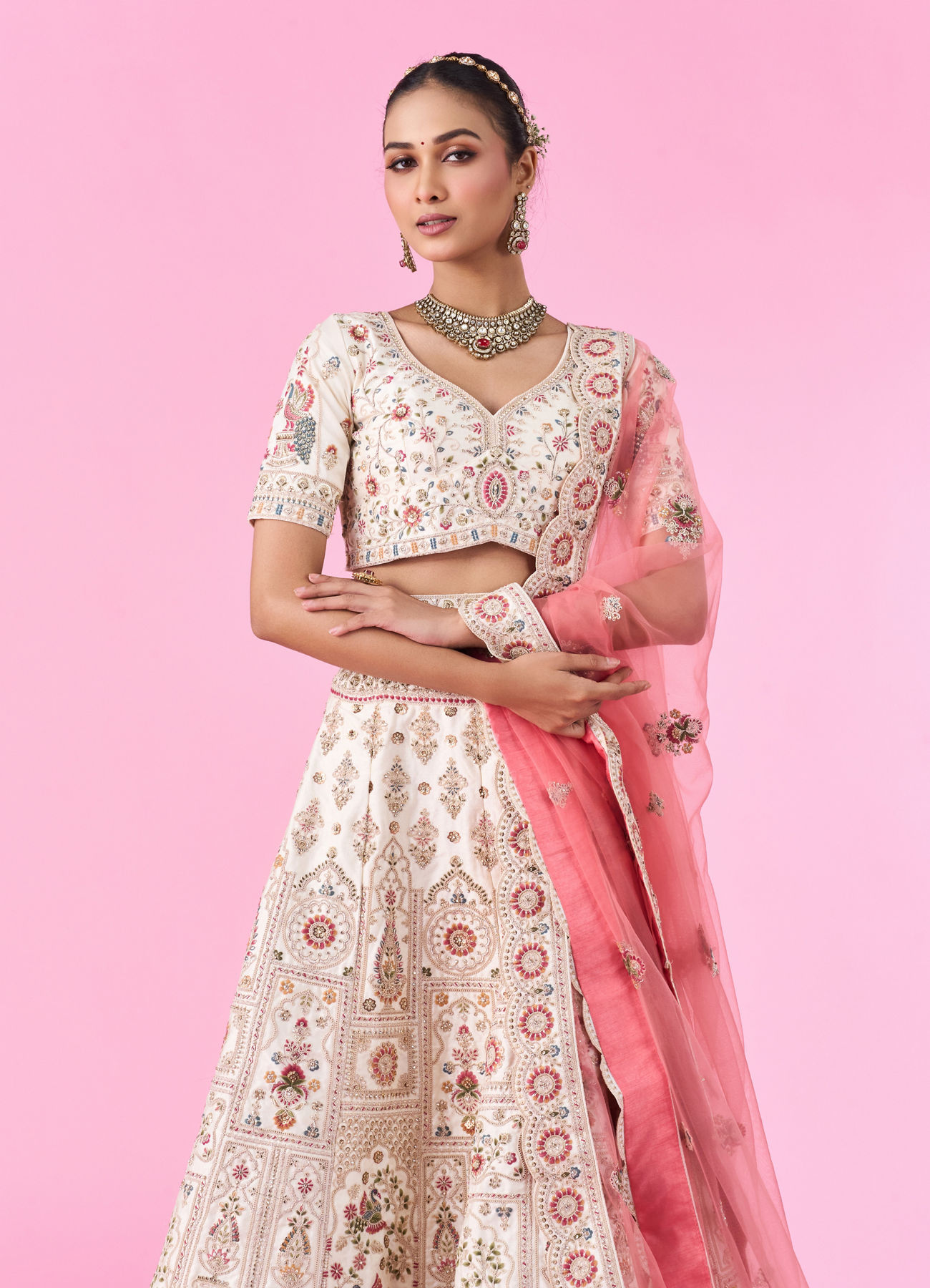 Mohey Women Elegant Cream Dream Semi Bridal Lehenga