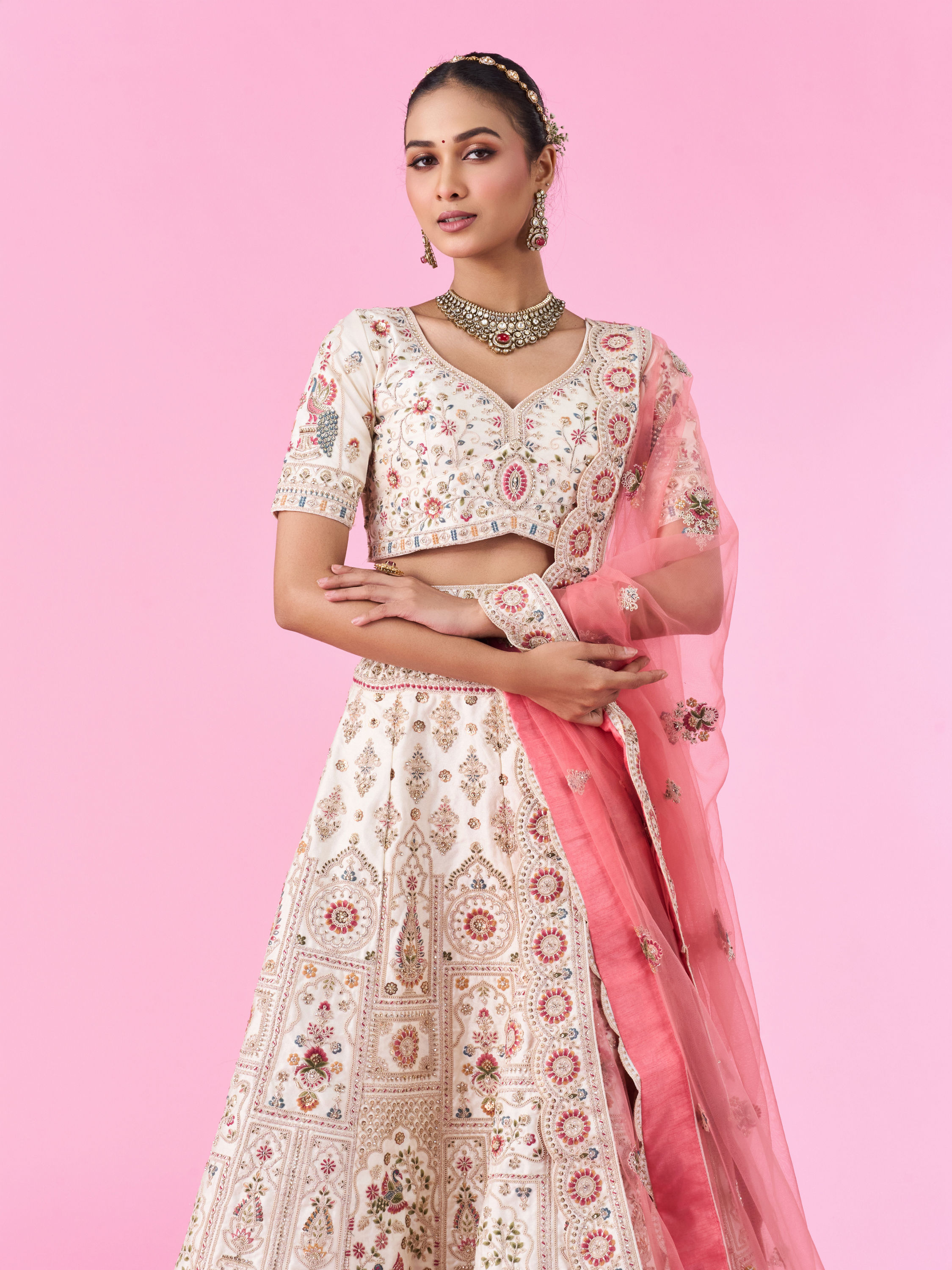 Mohey Women Elegant Cream Dream Semi Bridal Lehenga