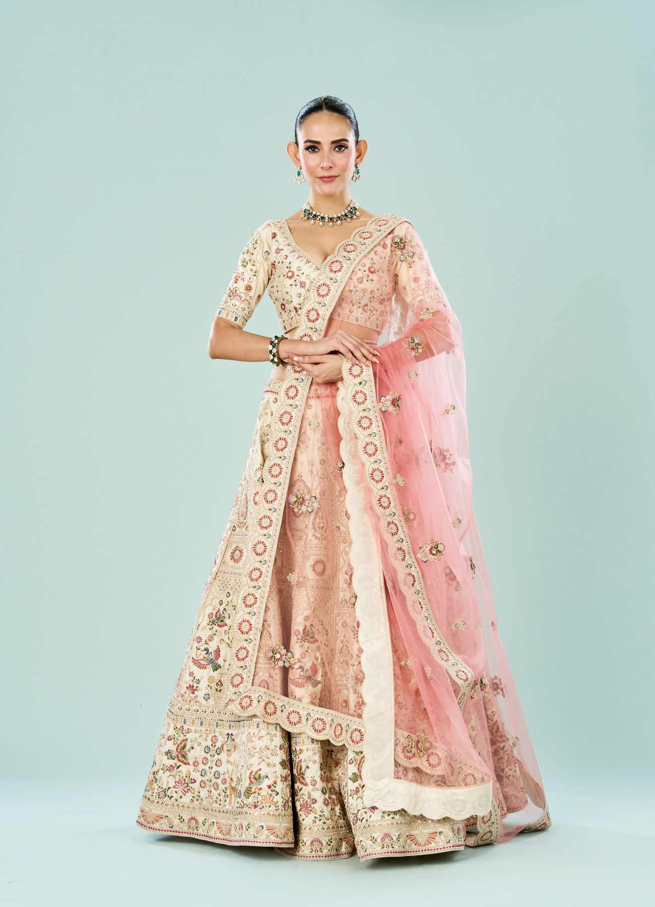 Mohey Women Elegant Cream Dream Semi Bridal Lehenga