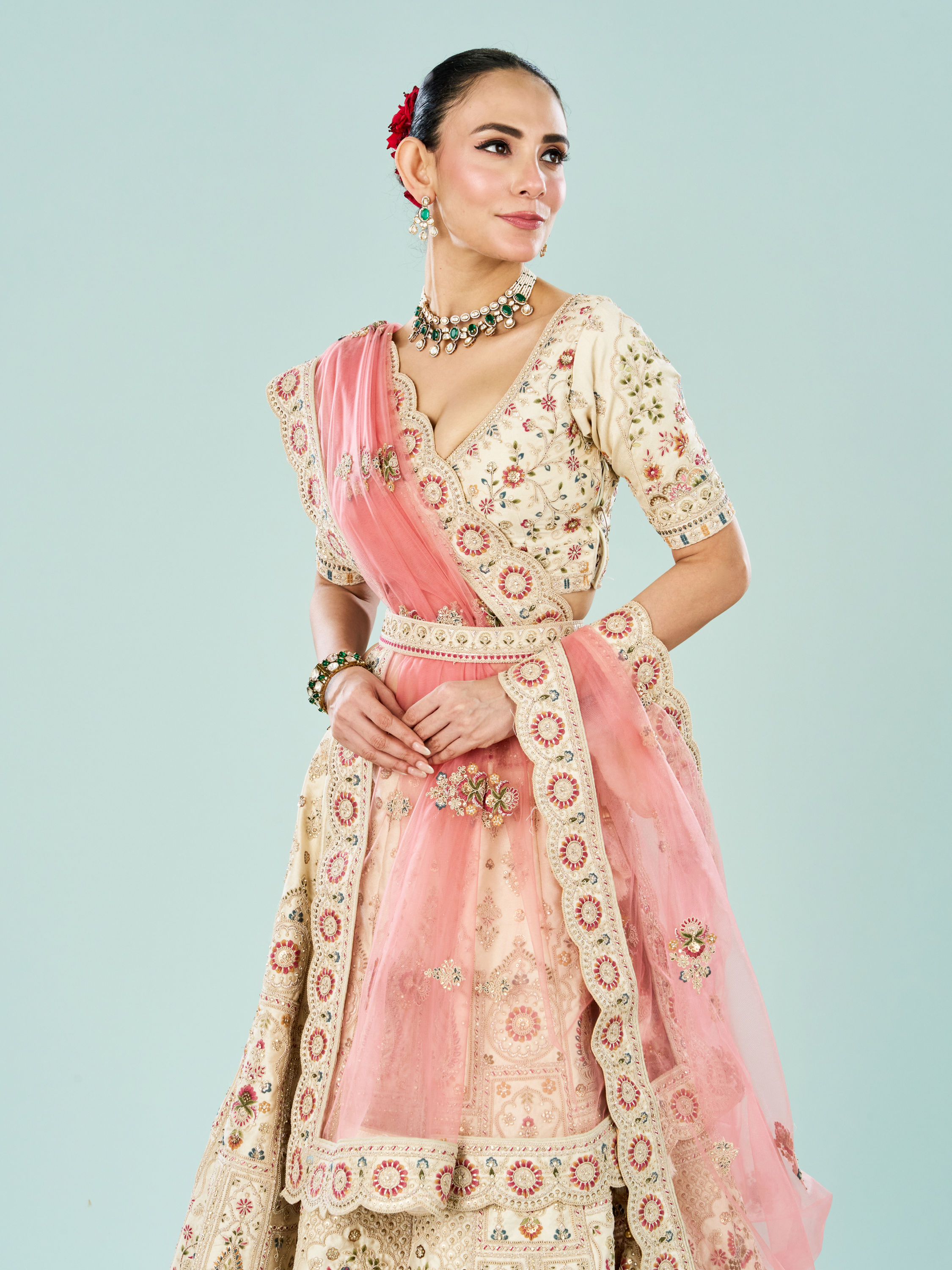 Mohey Women Elegant Cream Dream Semi Bridal Lehenga