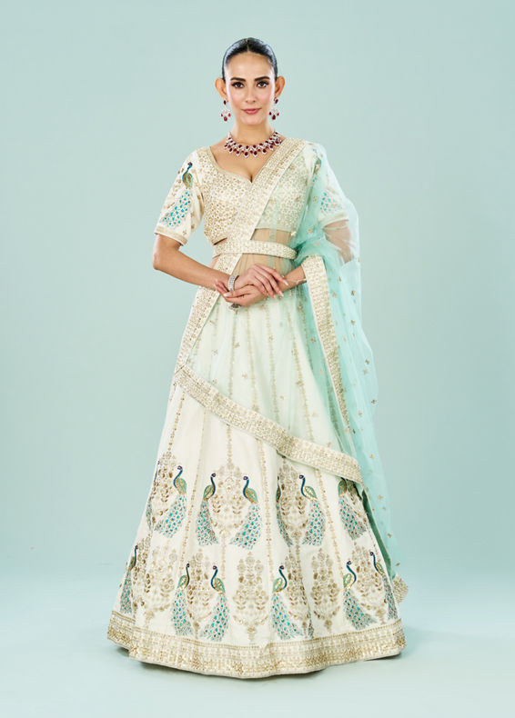 Mohey Women Ethereal Cream Art Silk Semi Bridal Lehenga