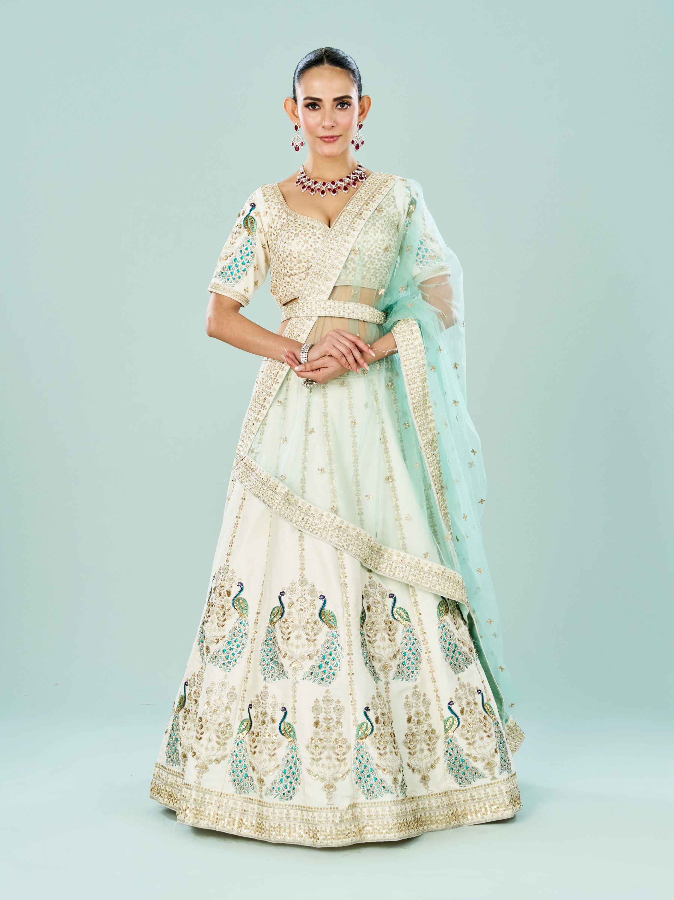 Mohey Women Ethereal Cream Art Silk Semi Bridal Lehenga