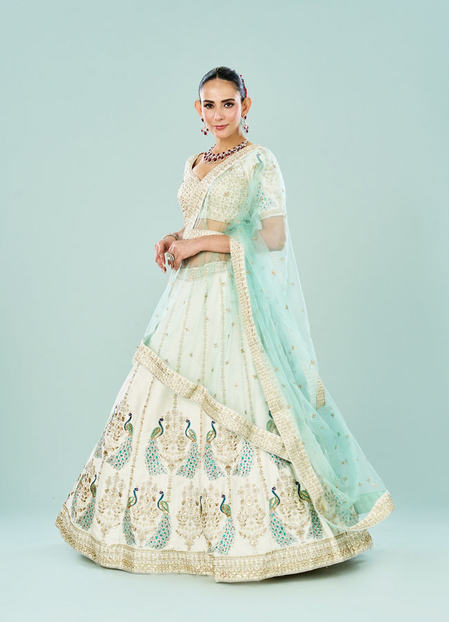 Mohey Women Ethereal Cream Art Silk Semi Bridal Lehenga