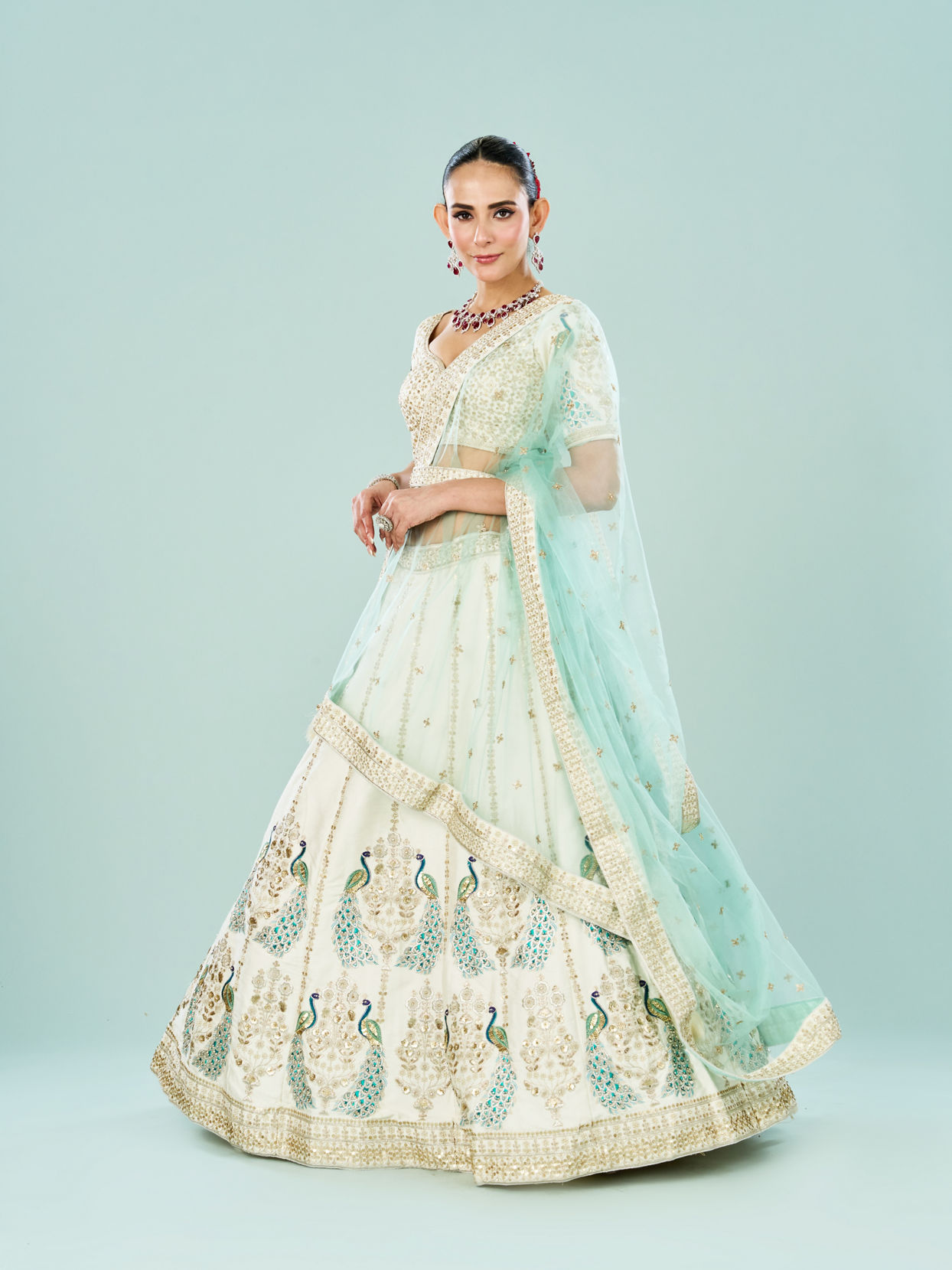Mohey Women Ethereal Cream Art Silk Semi Bridal Lehenga