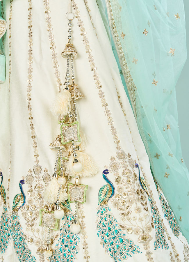 Mohey Women Ethereal Cream Art Silk Semi Bridal Lehenga