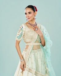 Mohey Women Ethereal Cream Art Silk Semi Bridal Lehenga