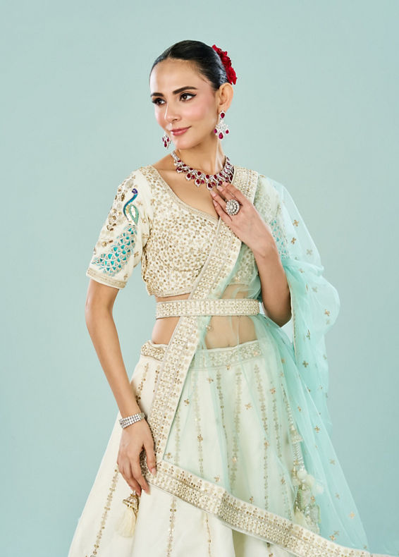 Mohey Women Ethereal Cream Art Silk Semi Bridal Lehenga