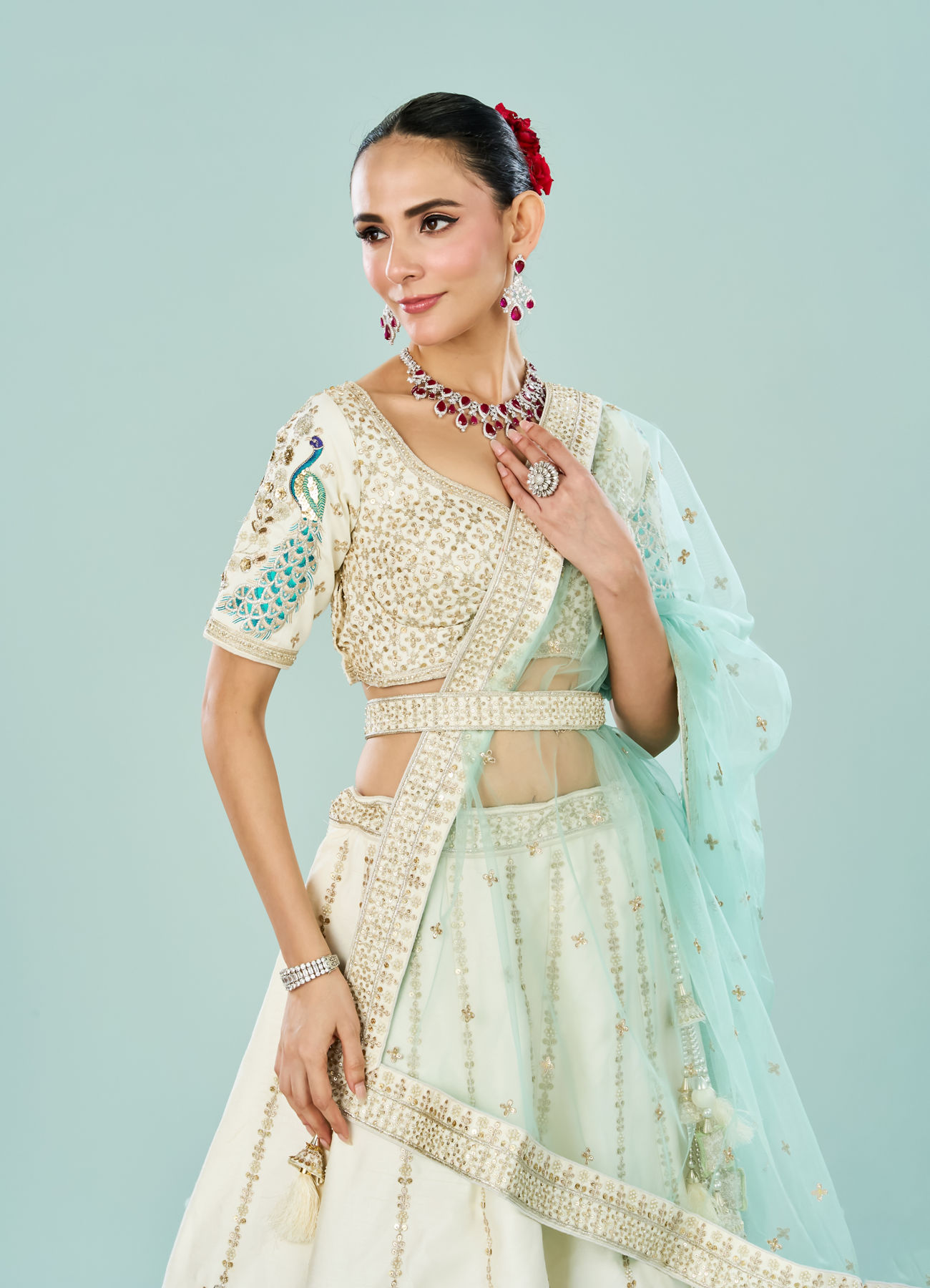 Mohey Women Ethereal Cream Art Silk Semi Bridal Lehenga