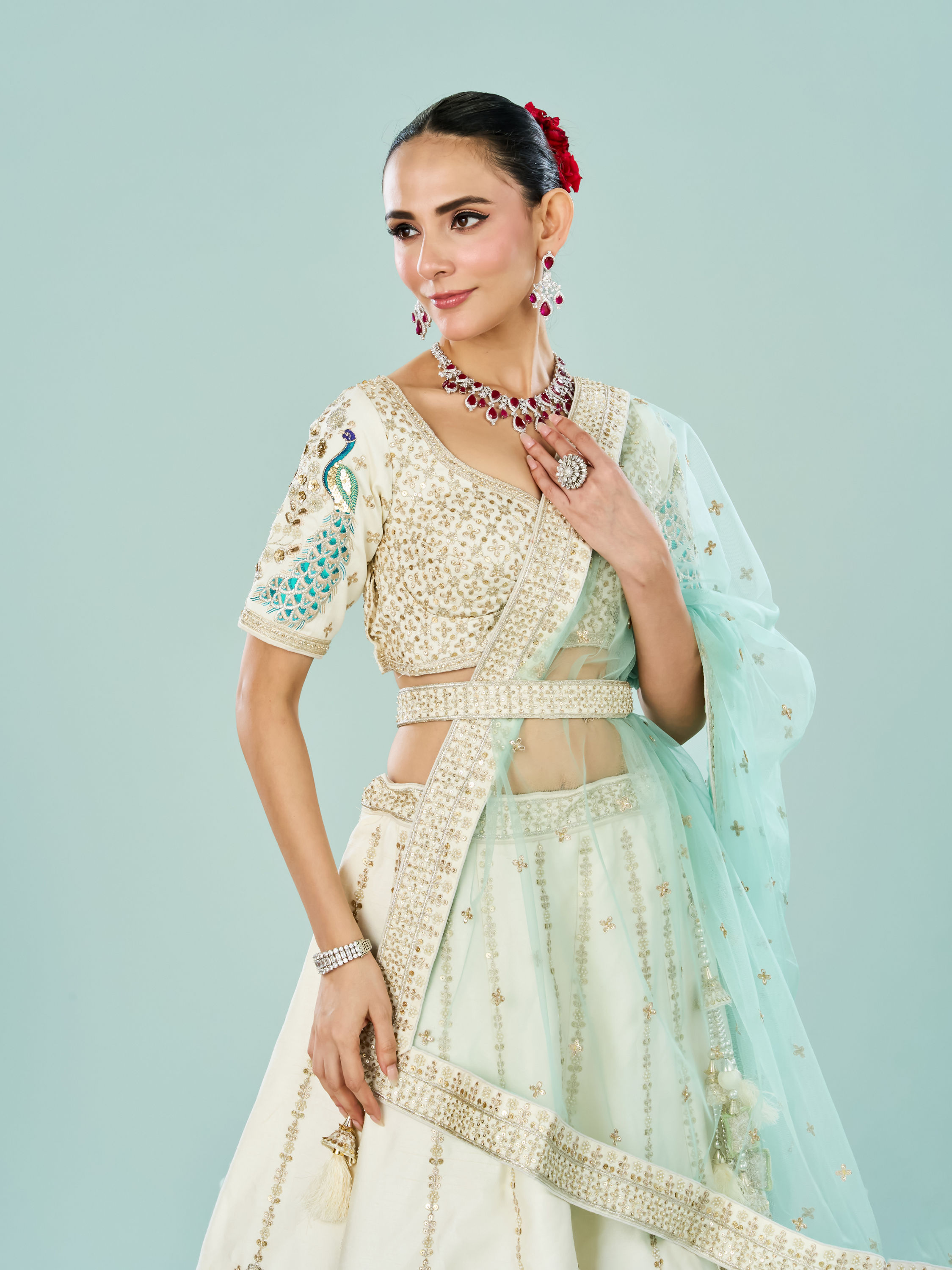 Mohey Women Ethereal Cream Art Silk Semi Bridal Lehenga