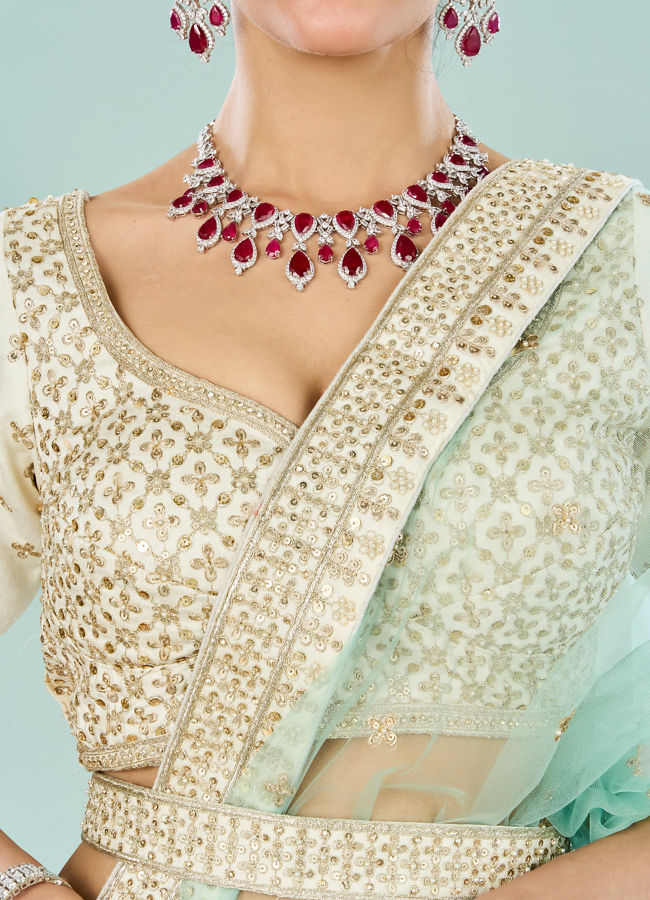 Mohey Women Ethereal Cream Art Silk Semi Bridal Lehenga