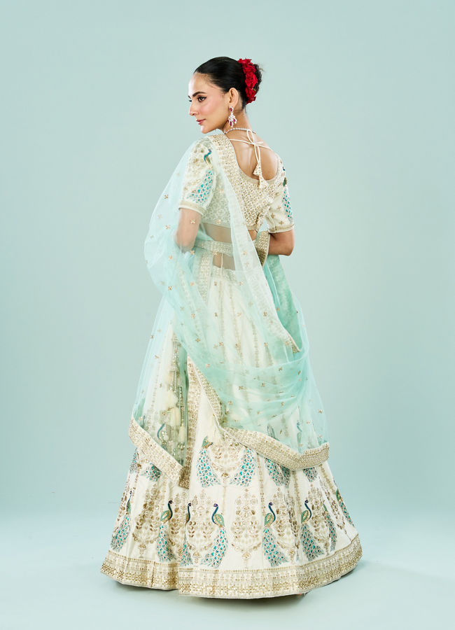 Mohey Women Ethereal Cream Art Silk Semi Bridal Lehenga