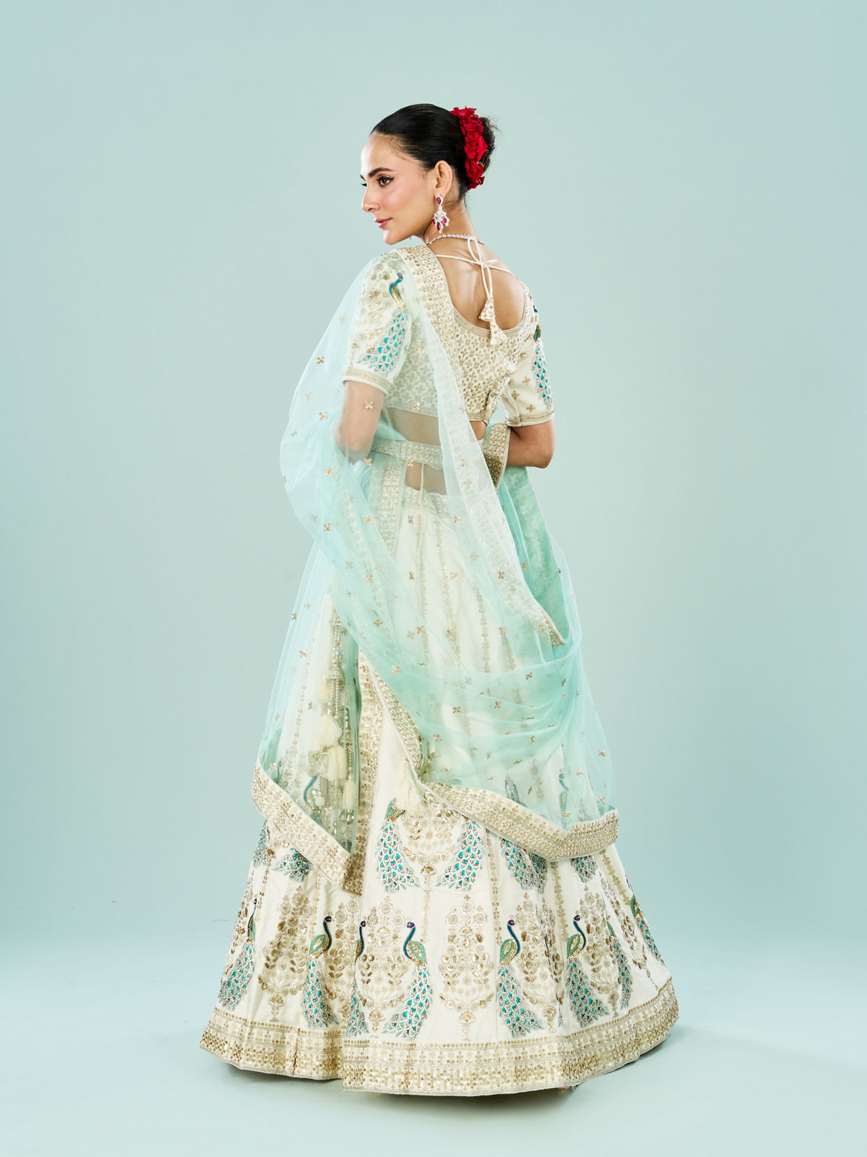 Mohey Women Ethereal Cream Art Silk Semi Bridal Lehenga