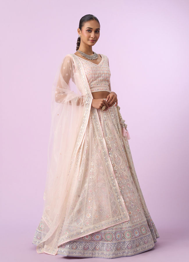 Mohey Women Elegant Cream and Pink Lehenga