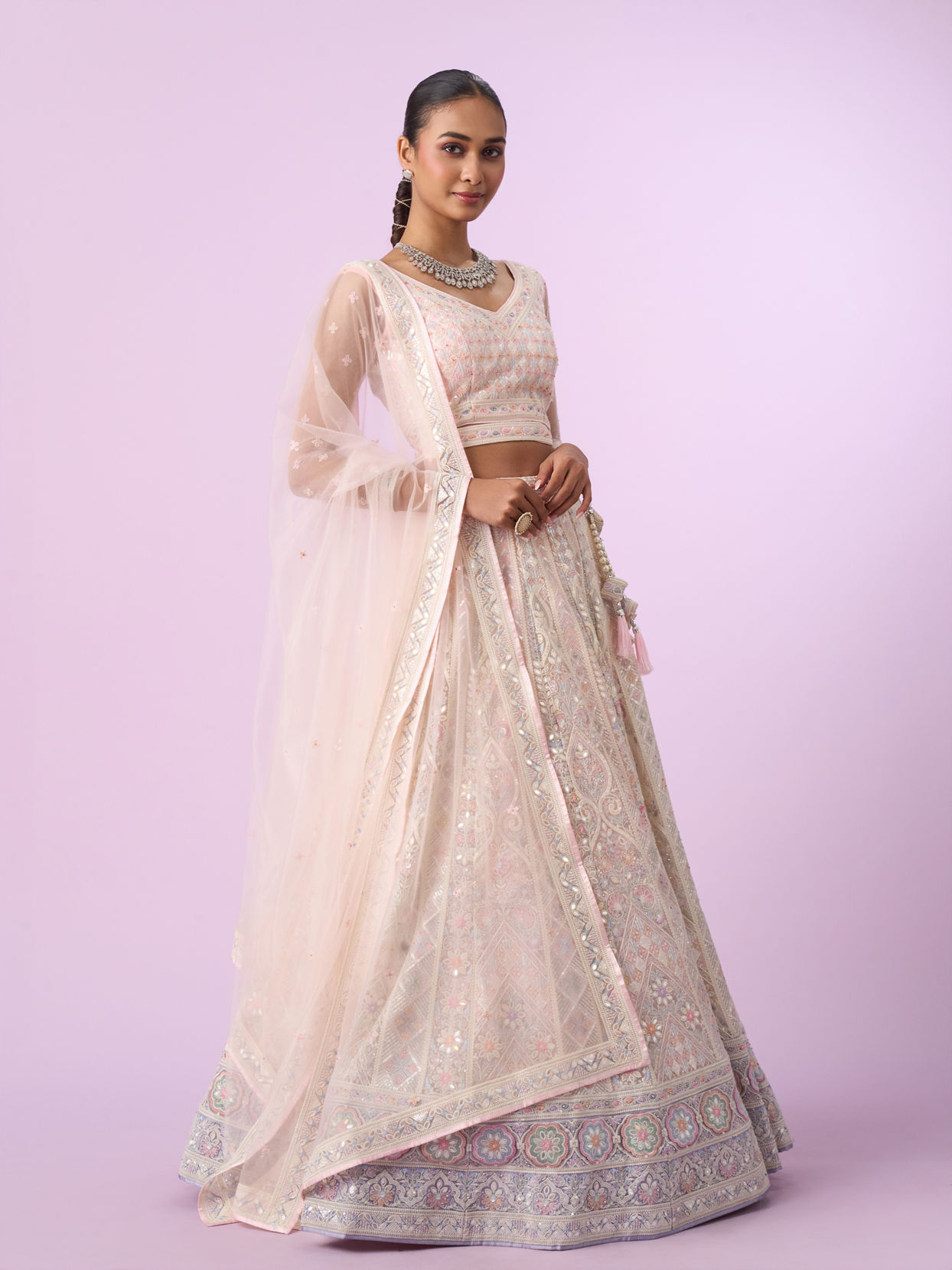Mohey Women Elegant Cream and Pink Lehenga