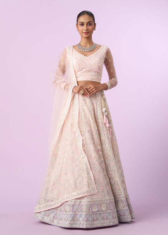 Mohey Women Elegant Cream and Pink Lehenga